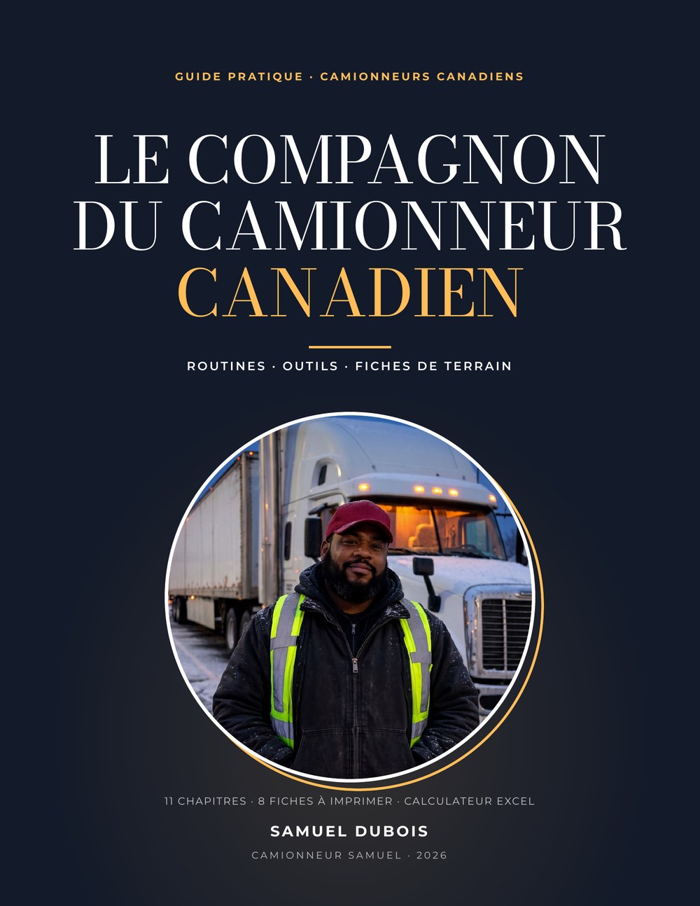 Couverture du guide Le compagnon du camionneur canadien, avec Samuel Dubois devant son camion